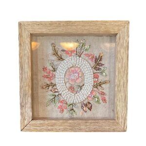 Handcrafted Wooden Jewelry Box Beaded Floral Embroidery Glass Top Display Lid
